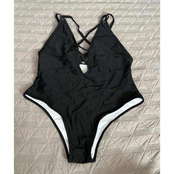 SHEIN Black Criss Cross Plunge V Neck One Piece Swimsuit Women Sz L - Picture 3 of 5